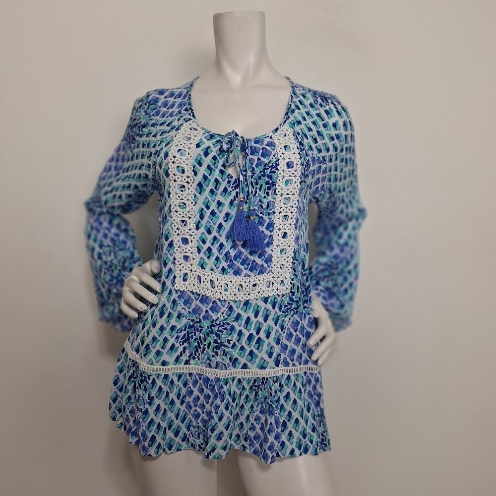 Lily Pulitzer Blue White Bell Sleeve Bohemian Hippie Boho Tassel Blouse Size S